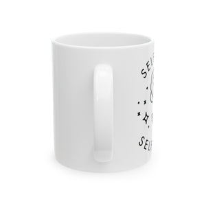 White Ceramic Self Love Mug - 11oz or 15oz, Simple Black Flower Design, Words Self Love and Self Care