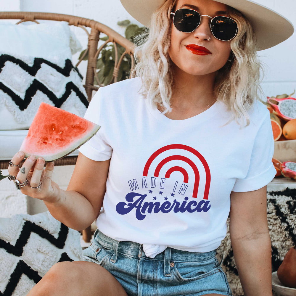 The Made In America Unisex Tee is the flag of fashion - bold, proud, and packed with personality. Show off your patriotic side with the trendy rainbow stripes, and your comfort-loving side with its soft construction. Represent the country you love with style!