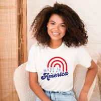 Load image into Gallery viewer, The Made In America Unisex Tee is the flag of fashion - bold, proud, and packed with personality. Show off your patriotic side with the trendy rainbow stripes, and your comfort-loving side with its soft construction. Represent the country you love with style!
