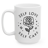 Cargar imagen en el visor de la galería, White Ceramic Self Love Mug - 11oz or 15oz, Simple Black Flower Design, Words Self Love and Self Care
