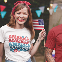 Load image into Gallery viewer, Show off your patriotic pride with this America Flower Retro Unisex Tee; it's the perfect way to celebrate Fourth of July or Memorial Day! With a fun retro flower design, it's made of soft and lightweight fabric that's comfy enough for all the stars, stripes, and summer fun. Get your red, white and blue on, American girl!
